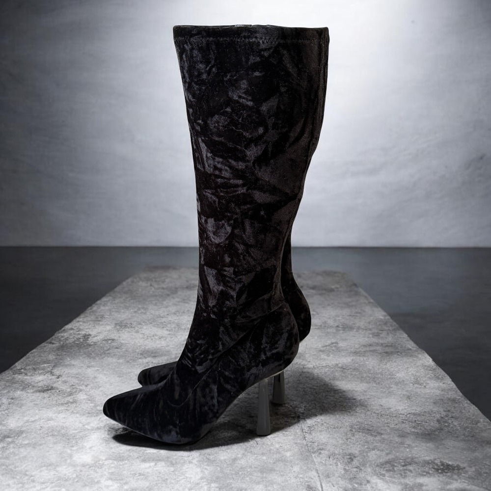 Black Velvet Knee High Stiletto Boots Womens 7 Goth Glam Coquette Statement
